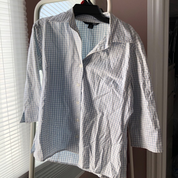 H&M US 8 Baby Blue and White Plaid Collared Buttoned Blouse 97% Cotton - Picture 5 of 12